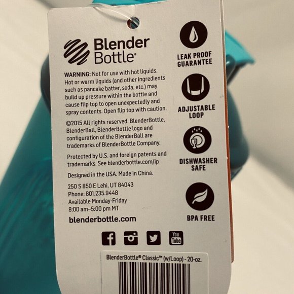 BlenderBottle Classic 20oz Shaker Bottle - Teal w Mixer Ball NEW - Picture 5 of 5